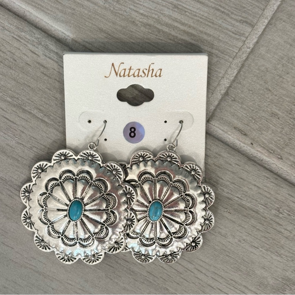 Natasha Couture Silver Earrings with‎ Turquoise Center